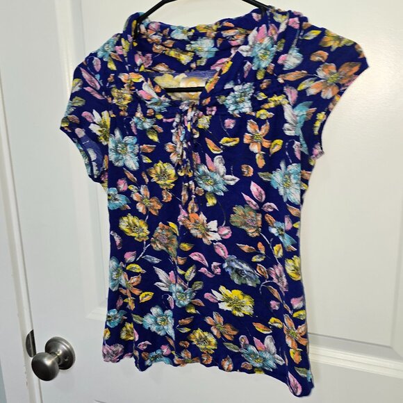 Ric Rac Blouse Floral Blue Colorful Floral Tie Front Top Size Small Tee - Picture 1 of 4